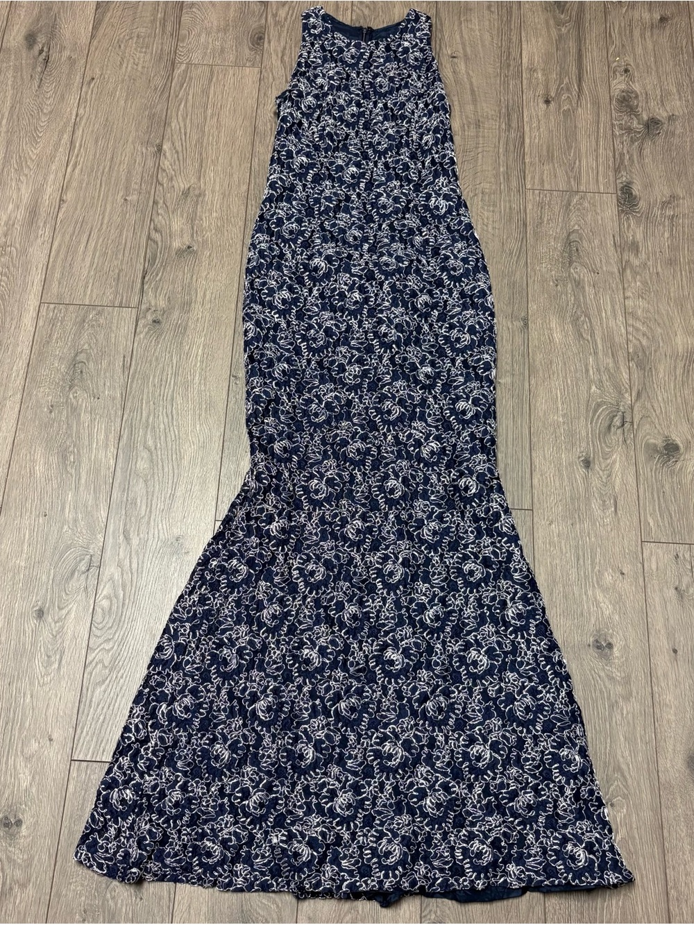 Navy Blue embroidered floral high neck sleeveless maxi dress
